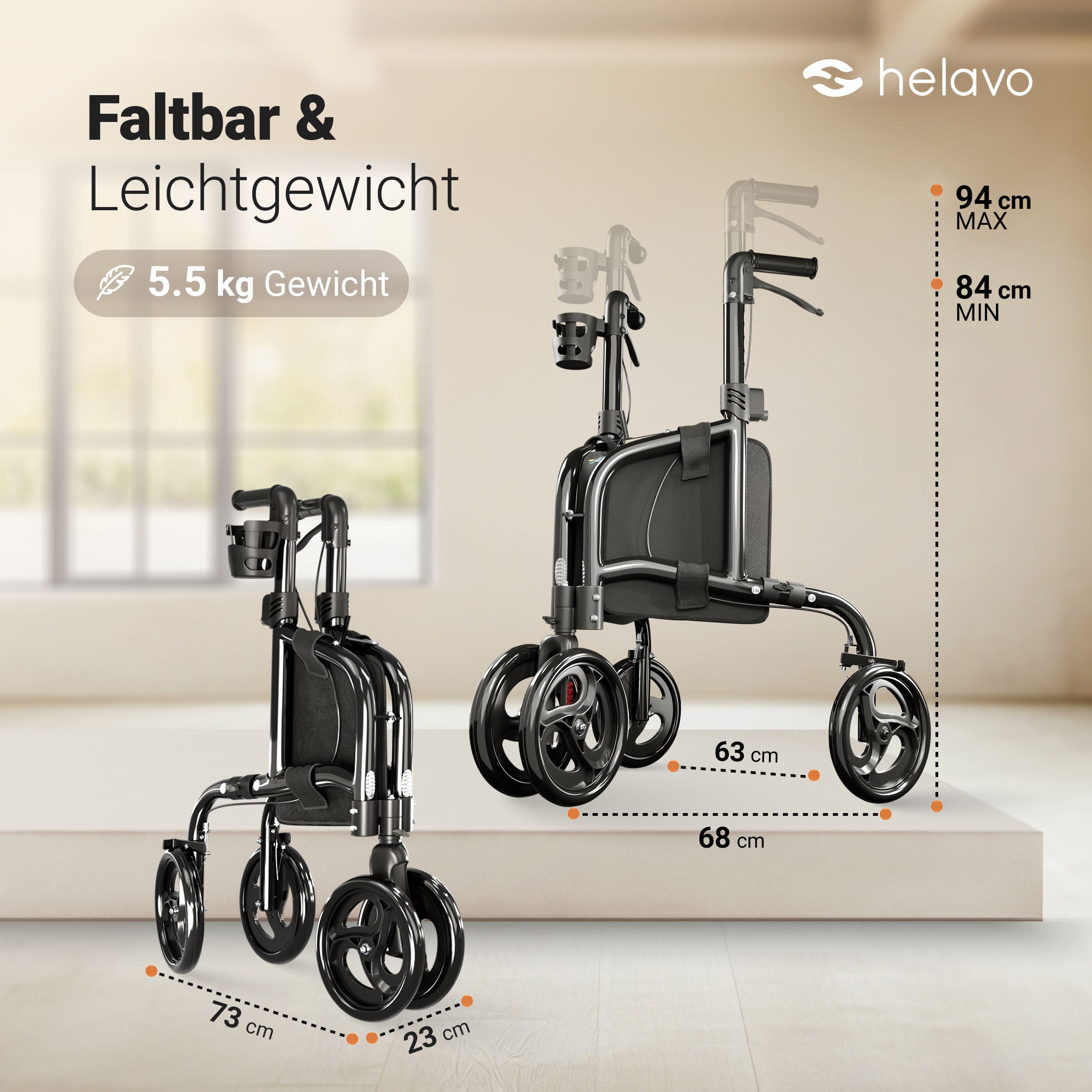 3 Räder Rollator Schmal mit Doppelten Vorderrädern H1080 Schwarz