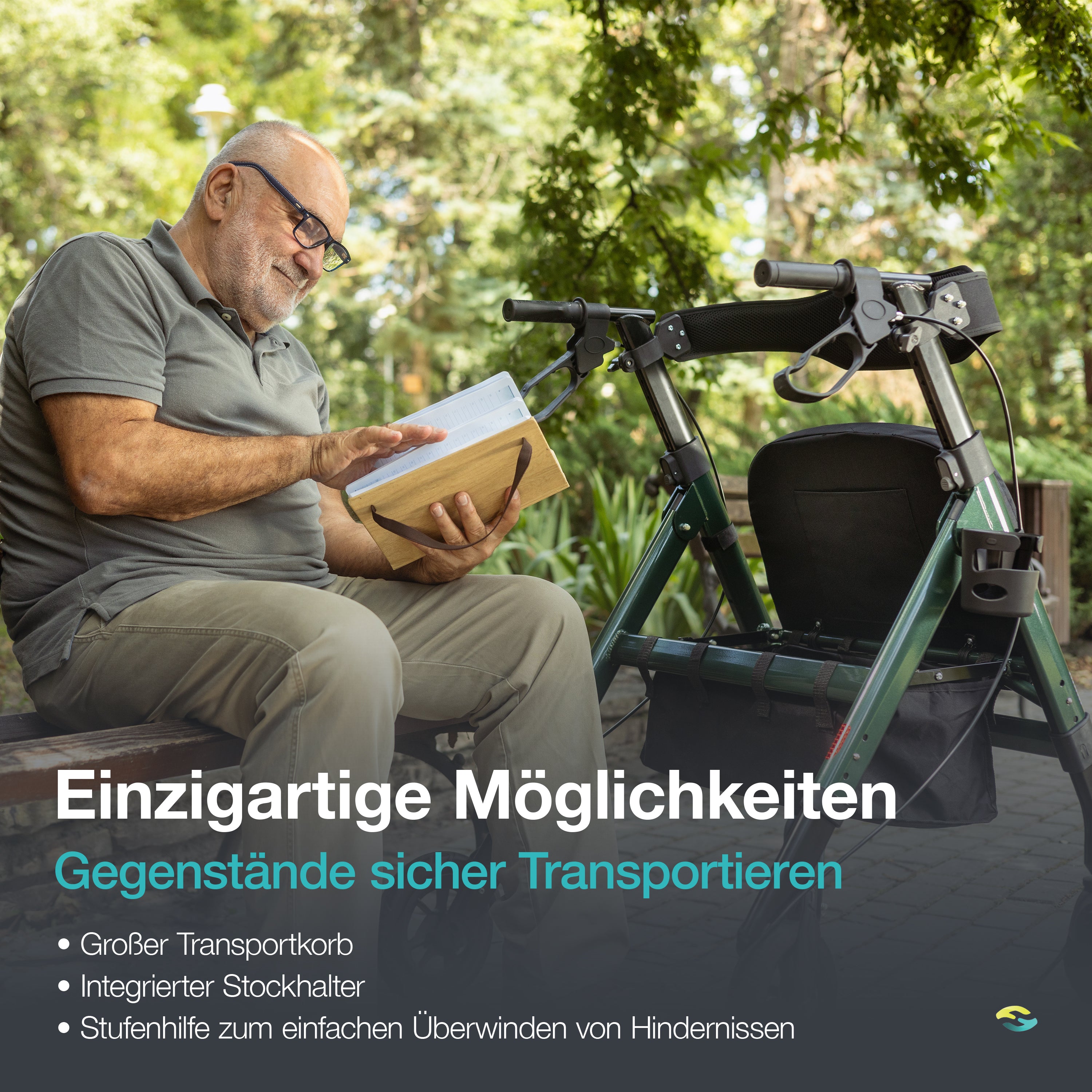 Outdoor Extra Wide Heavy-Duty Rollator with Puncture-Proof Solid Rubber Tires H1150 Green