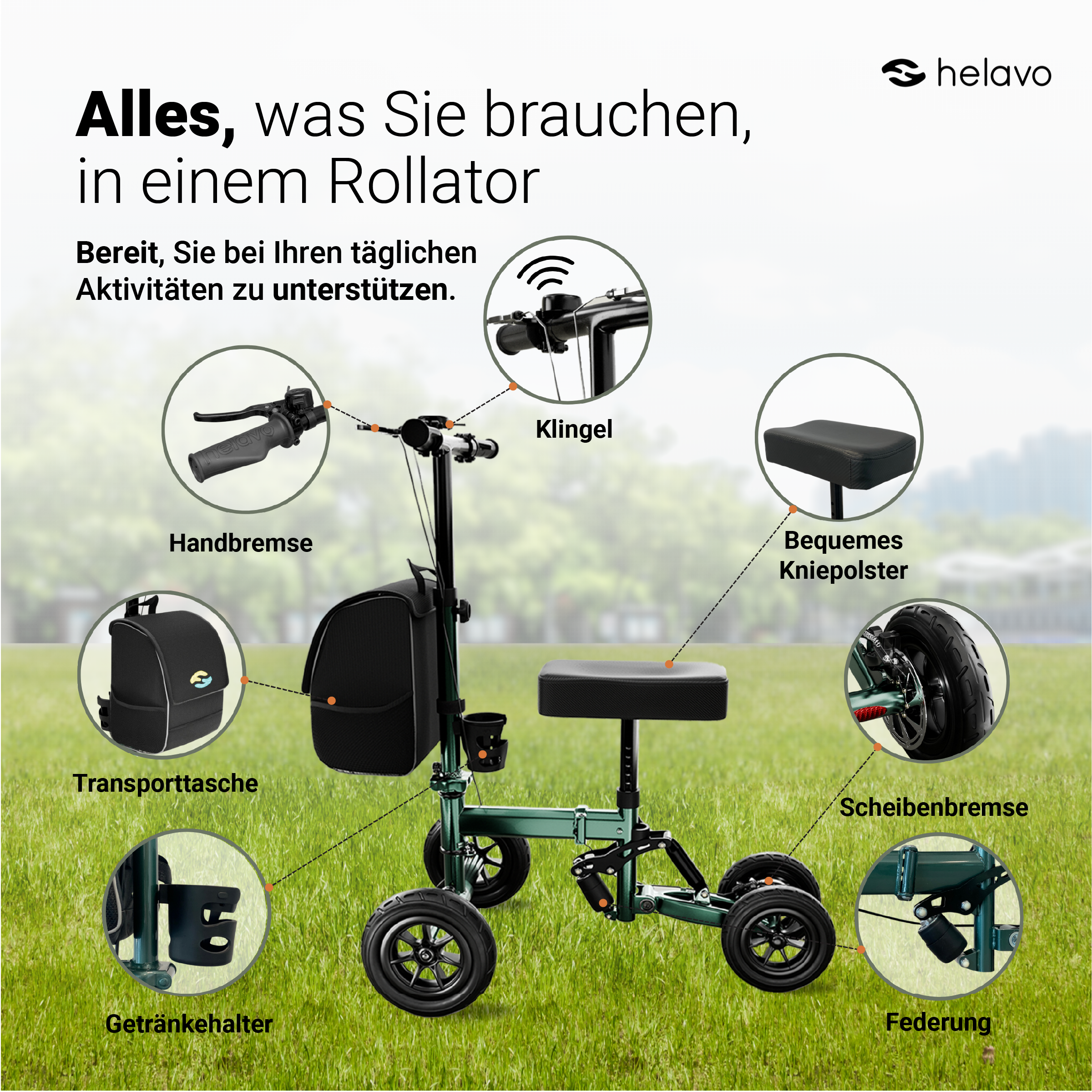 Orthopedic Knee Rollator Replacement for Crutches H1090 Green