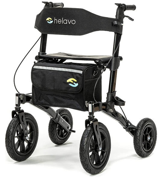 HELAVO Rollator mit Luftbereifung für Draußen - Faltbarer Aluminium Outdoor-Rollator mit Sitz - Maximale Mobilität & Komfort im Außenbereich