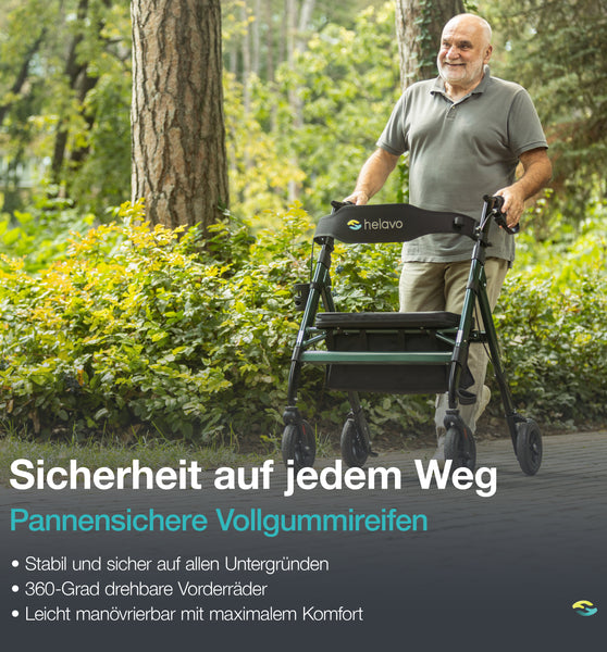 Helavo Schwerlastrollator mit Pannensicheren Vollgummireifen für Draußen - Extra breiter Outdoor-Rollator aus Aluminium mit großem, höhenverstellbarem Sitz - Belastbar bis 226 kg