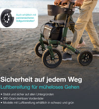 HELAVO Rollator mit Luftbereifung für Draußen - Grün - Faltbarer Aluminium Outdoor-Rollator mit Sitz - Maximale Mobilität &amp; Komfort im Außenbereich